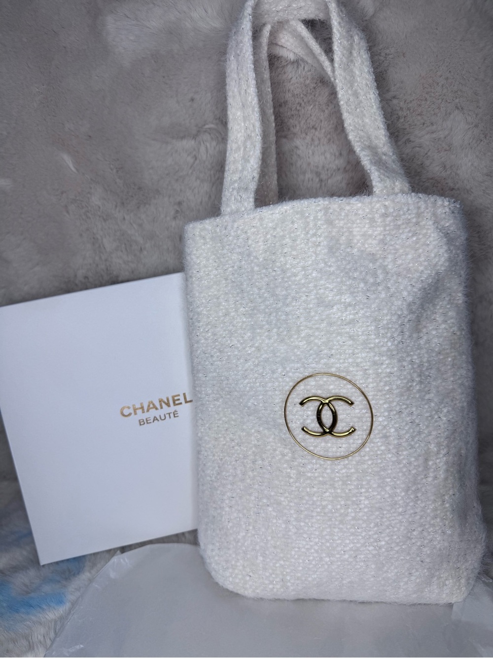 CHANEL White Tweed Mini Tote with Gold CC Medallion